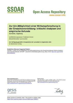 Zur (Un-)Möglichkeit einer Wirkungsforschung in der Erwachsenenbildung: kritische Analysen und empirische Befunde