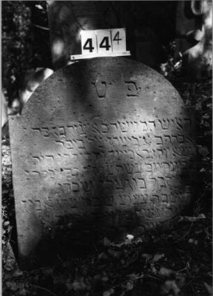 Grabstein 444 (Index: 99803725) Material: Sandstein Zustand: gut Maße HxBxT: 73x70x10 cm Beschreibung: Stele mit eingezogenem Rundbogen: Grabstein 444