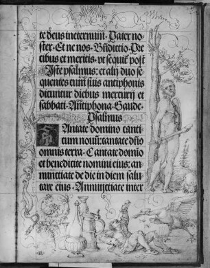 Gebetbuch Kaiser Maximilians I. — Tier in Ranken; Herkules (Anspielung auf Maximilian), Trinker und Löffelreiher, Folio 47recto