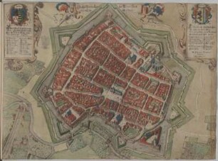 Vogelschauplan von Leipzig, 1:3000, kolorierter Kupferstich, 1665 : Die Chur-Sächsische Kauff- und Handels-Stadt Leipzig / M. Johannes Frentzel. - S.l., 1665. - [Ca. 1:3.000]. - 1 Kt. : Kupferst. ; 60 x 47 cm. - Mit Gebäudekennzeichnung. - Mit 2 Wappen