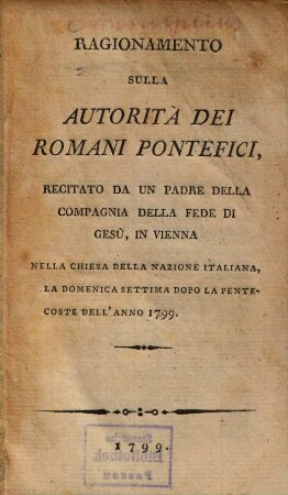 Ragionamento sulla autorità dei Romani Pontefici