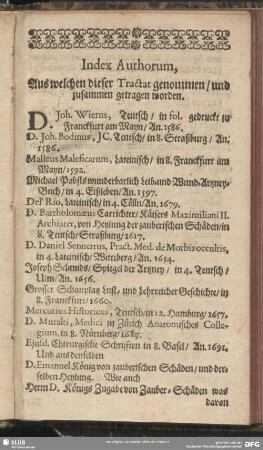 Index Authorum, Aus welchen dieser Tractat genommen, und zusammen getragen worden