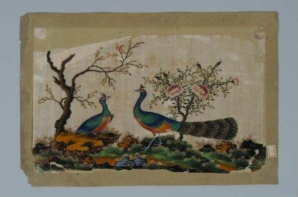 Painting on rice paper (marbled paper): two peacocks