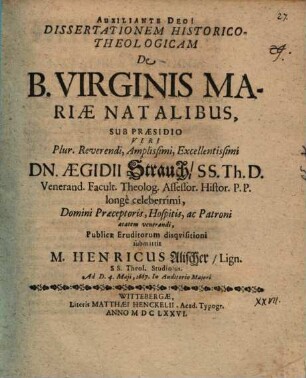 Dissertationem Historico-Theologicam De B. Virginis Mariae Natalibus