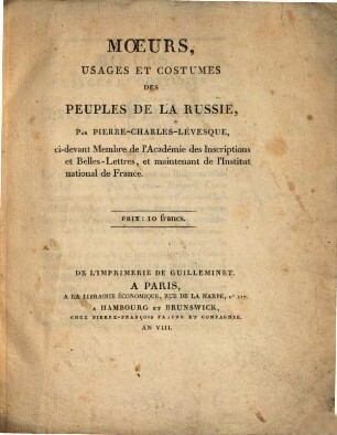 Moeurs, usages et costumes des peuples de la Russie