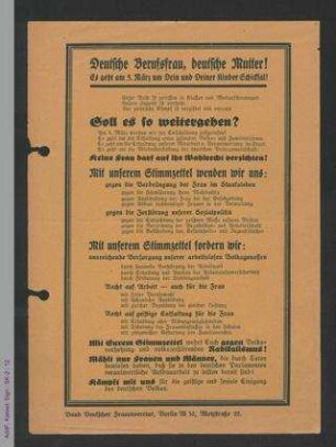 Flugblatt des Bundes Deutscher Frauenvereine zur Reichstagswahl 1933