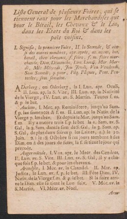 Liste general de plusieurs foires, qui setiennent tant pour les marchandises que pour le bétail, les chevaux & le lin, dans les etats du roi & dans les pais voisins
