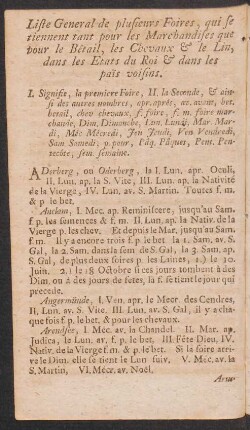 Liste general de plusieurs foires, qui setiennent tant pour les marchandises que pour le bétail, les chevaux & le lin, dans les etats du roi & dans les pais voisins