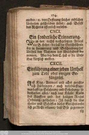 CXCII. Einführung einer jeden Urtheil zum Todt oder ewigen Gefängnüß.