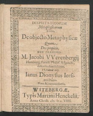 Disputationum Metaphysicarum Tertia. De obiecto Metaphysicae