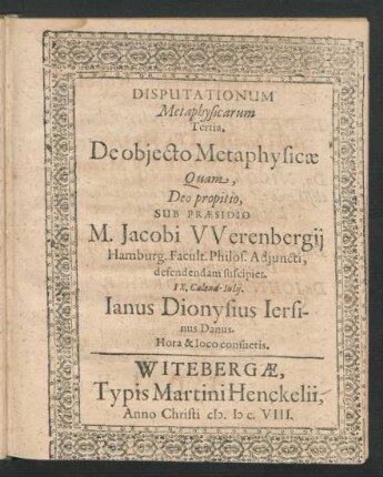 Disputationum Metaphysicarum Tertia. De obiecto Metaphysicae