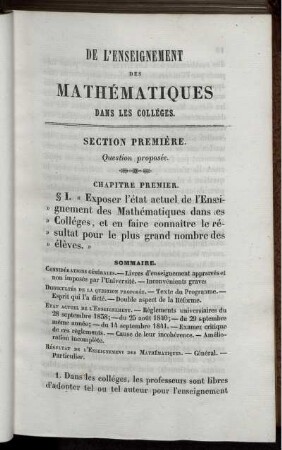 Section Première. Question proposée.