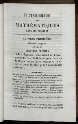 Section Première. Question proposée.