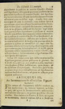 Articulus III. An Sacramentum sit essentialiter Signum seu sibile?