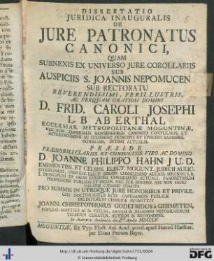Dissertatio Juridica Inauguralis De Jure Patronatus Canonici