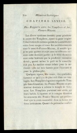 Chapitre XXXVIII. Des Rapports entre les Templiers et les Francs-Maçons.