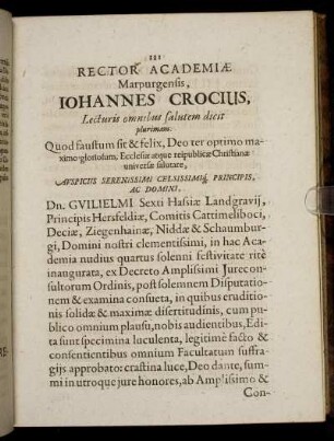 Rector Academiae Marpurgensis, Johannes Crocius ...