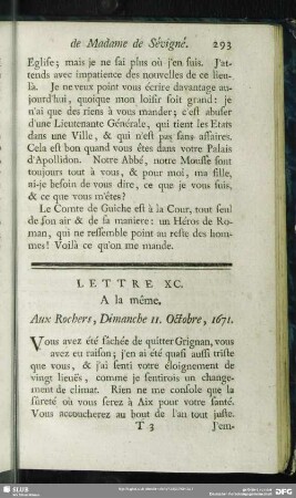 Lettre XC. A la même. Aux Rochers, Dimanche 11. Octobre, 1671
