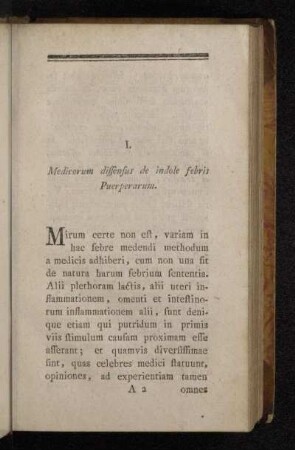 I. Medicorum dissensus de indole febris Puerperarum.