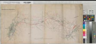 Menden (Menden) - Hemer (Hemer) - Iserlohn (Iserlohn) Verlauf der Eisenbahnlinie mit Einzeichnung der Eisenstein- und Schwefelkiesfelder Menden-Oberhemer 2.H. 19.Jh. 1 : 10 000 37 x 76 Zeichnung bzw. Druck KSA Nr. 566a