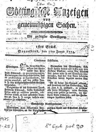 1stes Stück. Sonnabend, den 7ten Januar 1775.
