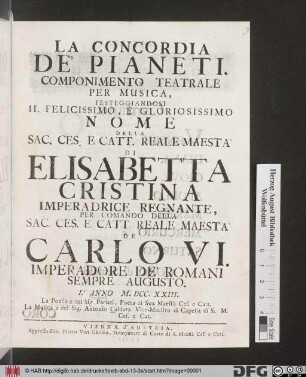 La Concordia De' Pianeti : Componimento Teatrale Per Muscia ... L'Anno M. DCC. XXIII.