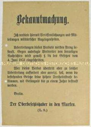 Bekanntmachung des Oberbefehlshabers in den Marken, Gustav von Kessel, über ein Verbot der Veröffentlichung von militärischen Angelegenheiten
