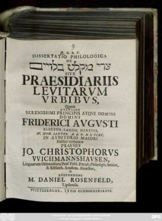 Dissertatio Philologica De ʿAre miḳlat ba-leṿiyim Sive Praesidiariis Levitarvm Vrbibvs