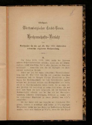 Rechenschafts-Bericht des Ausschusses für die auf 29. Mai 1881 einberufene ordentliche allgemeine Versammlung