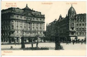 Budapest. Kertész M. Papir raktára, Szabadságtér, City kávéház : Budapest. Papiergeschäft Kertész und Stadtcafé auf dem Freiheitsplatz