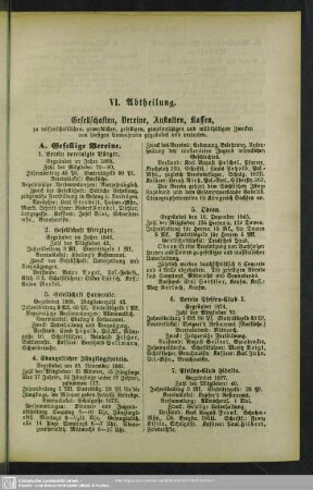 VI. Abtheilung. Gesellschaften, Vereine, Anstalten, Kassen