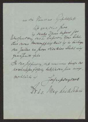 Brief von Max Liebermann (1847-1935) an die Soncino-Gesellschaft