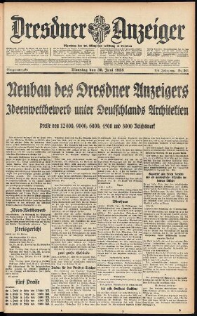 Dresdner Anzeiger vom 30.06.1925 : Neubau des Dresdner Anzeigers. Ideenwettbewerb unter Deutschlands Architekten. Seite 1 aus: Dresdner Anzeiger vom 30. Juni 1925, Morgenausgabe. Dresden: SLUB Eph.hist.36-1925.05.01