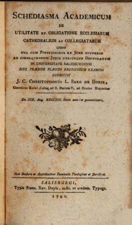 Schediasma Academicum De Utilitate Et Obligatione Ecclesiarum Cathedralium Ac Collegiatarum