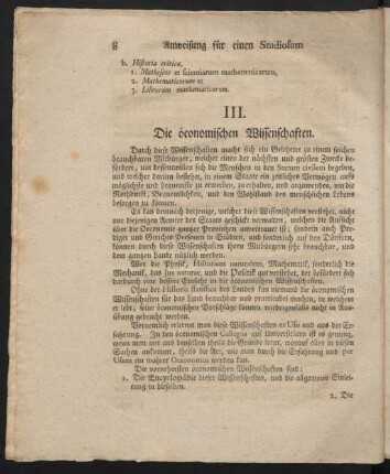 III. Die öconomischen Wissenschaften