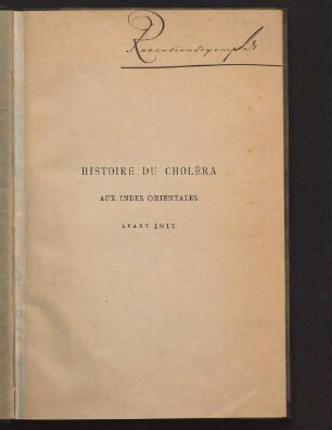 Histoire du choléra aux Indes orientales avant 1817