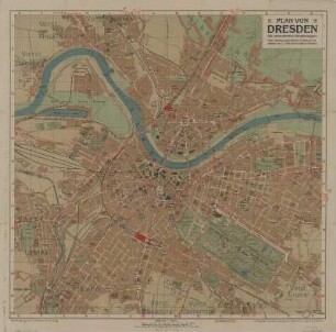 Stadtplan von Dresden, 1:15 000, Lithographie, ca. 1914 : Plan von Dresden : mit verbreiterten Straßenzügen ; nach vermessungsamtlichen Unterlagen bearbeitet / von C. C. Meinhold & Söhne. - 1:15 000. - Dresden : Meinhold , [ca. 1914]. - 1 Kt. : mehrfarb. ; 46 x 44 cm, gefaltet