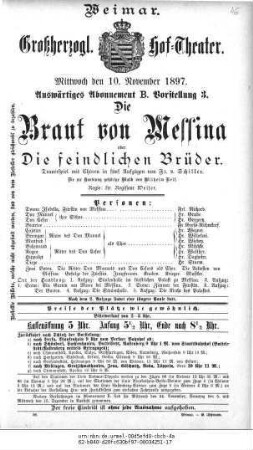 Die Braut von Messina oder Die feindlichen Brüder