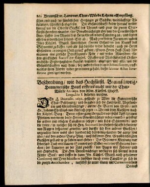 Beschreibung, wie das Hochfürstl. Braunschweig-Hannoverische Hauß ersteres mahl mit der Chur-Würde An. 1692. von Röm. Käyserl. Majest. Leopoldo I. beliehen worden