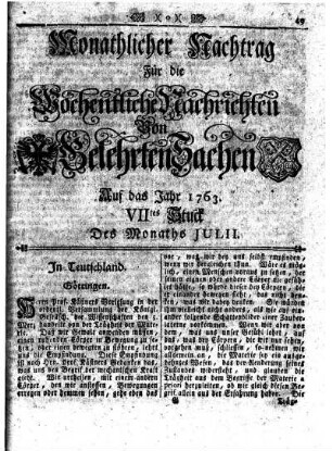 Monathlicher Nachtrag [...] Auf das Jahr 1763. VIItes Stuck Des Monaths Julii