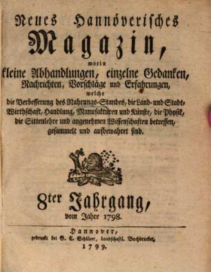 Neues hannoversches Magazin. 8. 1798