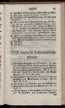 XVIII. Landgräfl. Hessen Casselische Münzen.