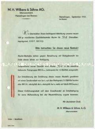 Anschreiben zum Versand einer Abbildung von versilbertem Essbesteck der Firma Wilkens