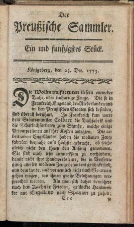 Ein und funfzigstes Stück. Königsberg, den 23. Dec. 1773.