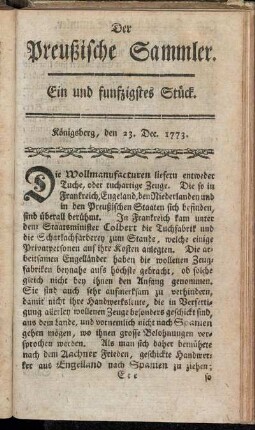 Ein und funfzigstes Stück. Königsberg, den 23. Dec. 1773.