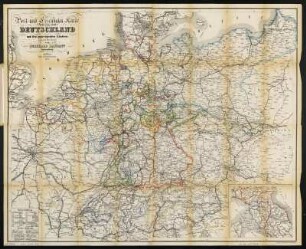 Post- und Eisenbahn-Karte von Deutschland und den angrenzenden Ländern, ca. 1:2 000 000, Lithographie, 1857 : Post- und Eisenbahn-Karte von Deutschland und den angrenzenden Ländern / Bearb. von Burkhard Haymann. - [Ca. 1:2 000 000]. - Dresden : Gottschalck , 1857. - 1 Kt. : Lithogr. ; 84 x 68 cm. - Mit 1 Nebenkt.