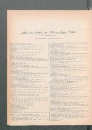 Inhaltsverzeichnis zur "Pädagogischen Woche" ; IX. Jahrgang 1913