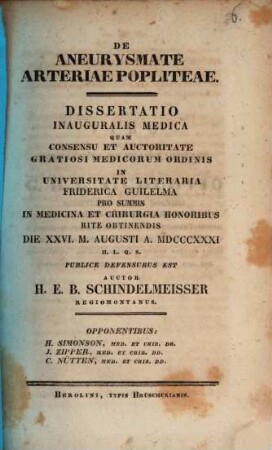 De aneurysmate arteriae popliteae : dissertatio inauguralis medica