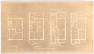 Wohnhaus Klomp, Dortmund: Grundrisse Keller, Erdgeschoss, Obergeschoss und Dachgeschoss 1:100 (1. Entwurf)