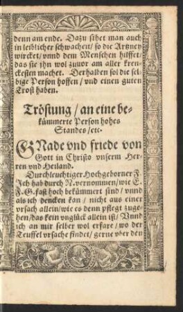 Tröstung/ an eine bekümmerte Person hohes Standes/ etc.